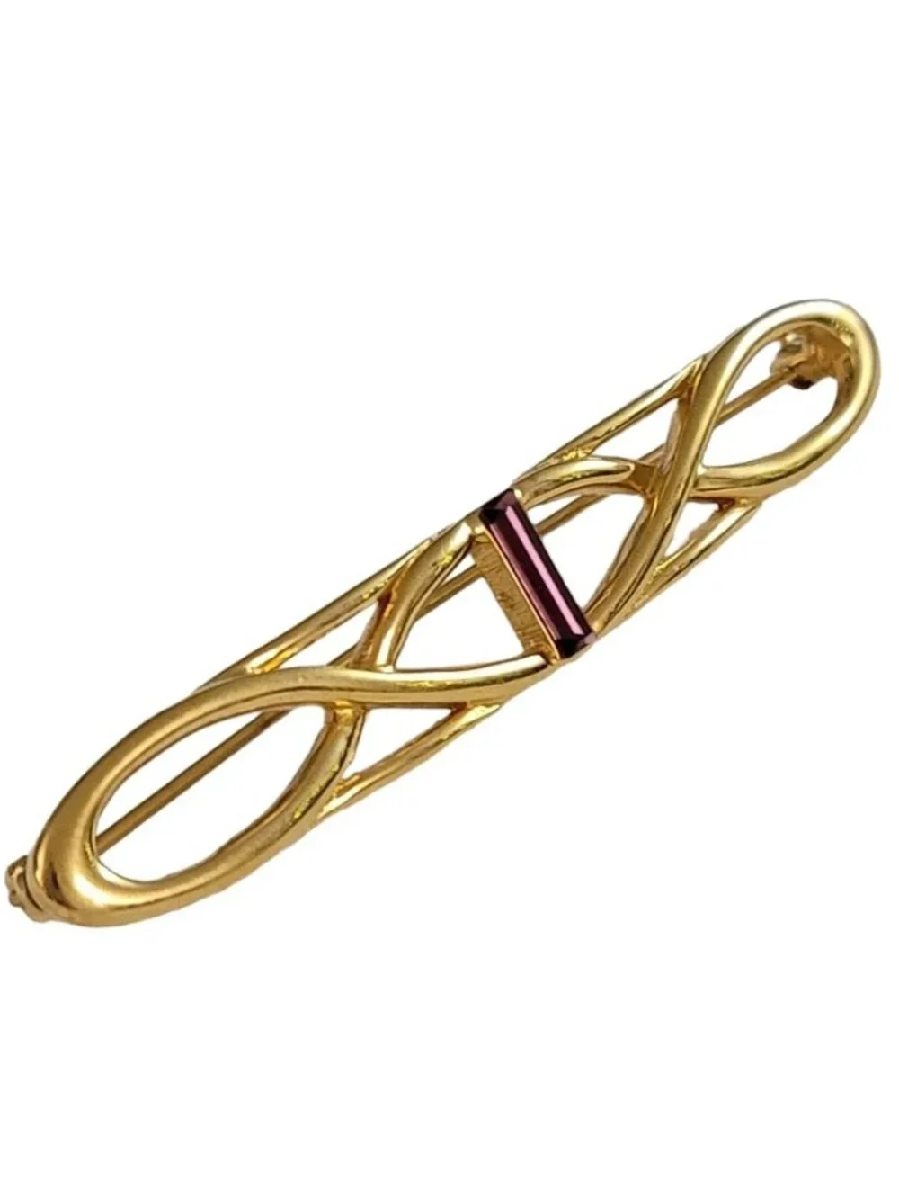 Monet Gold Tone Vintage Purple Baguette Braided Open Bar Pin Brooch, Signed K945